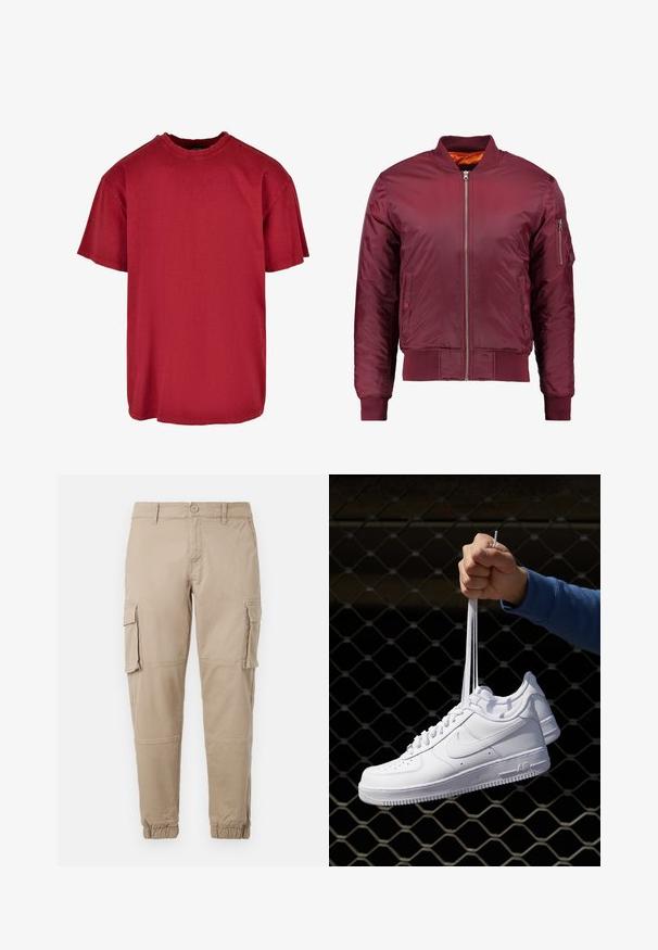 Burgundi värvi bomber-jakk, mis on valmistatud siledast ja kerge materjalist. Mööda esist osa on lukuga, varrukate otstes on soonikkoes ribad ning vasakul varrukal on tasku.; Punane puuvillane T-särk, millel on mugav lõige, lühikesed varrukad, ümar kaelus ja kulunud detailid õlgade lähedal. Nähtavaid logosid ei ole.; Beežid cargo-püksid kergest puuvillaste materjalist. Omab elastseid varrukatükke, mitmeid külgpocket'ite ja nööbiga sulgemist.; Valged nahast tennisetossud, millel on perforatsioonid, ümar nina, lame tallus ja paksud nöörid, nähtava swooshi logoga ja "AIR" kontsadel.