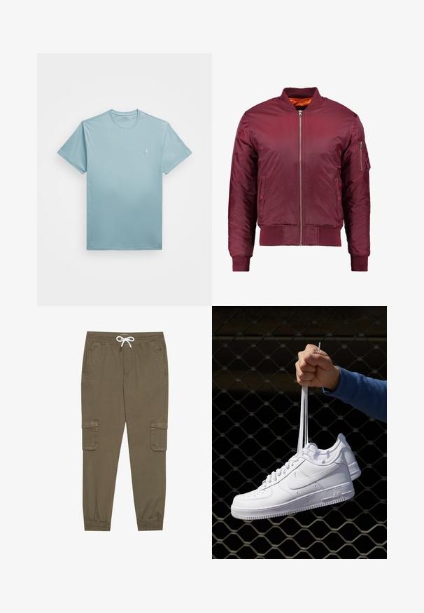 Bordový bomber kabát vyrobený z hladkého, lehkého materiálu. Obsahuje přední zip, žebrované manžety a kapsu na levém rukávu.; Polo Ralph Lauren Big & Tall JERSEY CREWNECK T-SHIRT - Jednoduché tričko - vessel blue; Khaki cargo kalhoty s elastickým pasem a tkaničkou, s bočními kapsami a manžetami na kotnících. Vyrobeno z texturovaného, lehkého materiálu.; Bílé kožené tenisky s perforacemi, kulatou špičkou, plochou podrážkou a silnými tkaničkami, které mají viditelné logo swoosh a nápis "AIR" na patě.