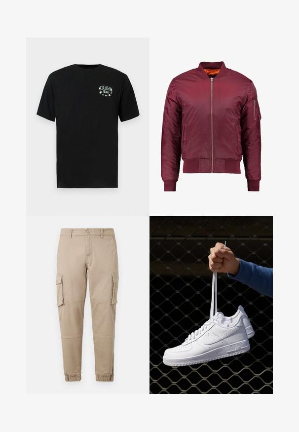 Chaqueta bomber de color burdeos, fabricada con material suave y ligero. Presenta un cierre frontal de cremallera, puños acanalados y un bolsillo en la manga izquierda.; Camiseta de algodón negra con un pequeño gráfico blanco con estrellas y texto en el lado izquierdo del pecho. Manga corta y escote redondo.; Pantalones cargo beige de un material de algodón ligero. Presenta puños elásticos, múltiples bolsillos laterales y un cierre de botón.; Zapatillas de cuero blanco con perforaciones, punta redonda, suela plana y cordones gruesos, con un logo de swoosh visible y "AIR" en el talón.