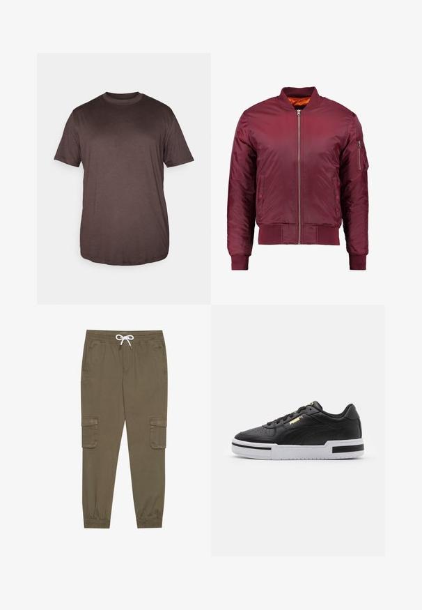 Jachetă bomber de culoare burgundă, realizată dintr-un material neted și ușor. Dispune de un fermoar frontal, manșete ribbrate și un buzunar pe mânecă, pe partea stângă.; Jack & Jones JJEBRADLEY NOOS - Tricou basic - mulch; Pantaloni cargo kaki cu talie elastică și șnur, cu buzunare laterale și gleznă strânsă. Realizați dintr-un material texturat și ușor.; Sneaker din piele neagră cu talpă intermediară albă, vârf perforat, detaliu logo auriu, guler căptușit și accente negre contrastante pe lateral.