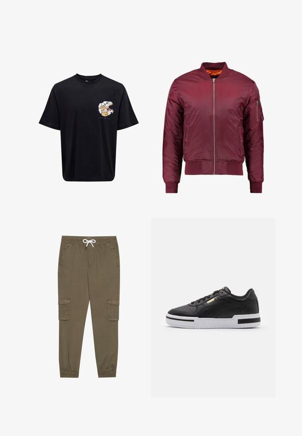 Bordový bomber kabát vyrobený z hladkého, lehkého materiálu. Obsahuje přední zip, žebrované manžety a kapsu na levém rukávu.; Černé bavlněné tričko s krátkým rukávem; na levé straně má barevnou grafiku postavy s kouřící nádobou.; Khaki cargo kalhoty s elastickým pasem a tkaničkou, s bočními kapsami a manžetami na kotnících. Vyrobeno z texturovaného, lehkého materiálu.; Černé kožené tenisky s bílou mezipodešví, perforovanou špičkou, zlatým logem, polstrovaným límcem a kontrastními černými akcenty na straně.
