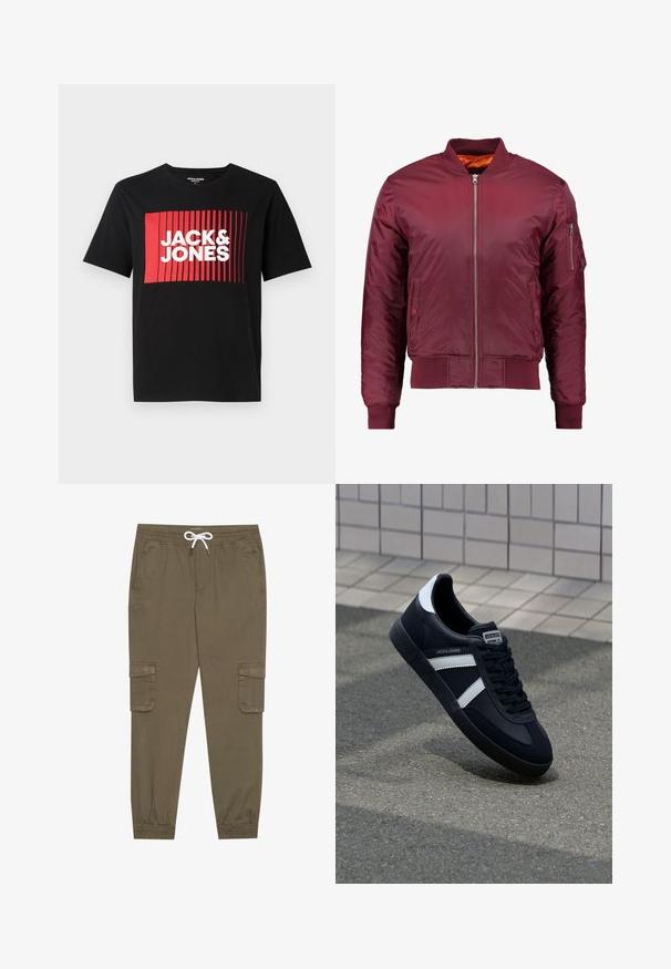Bordový bomber kabát vyrobený z hladkého, ľahkého materiálu. Má predný zips, rebrované manžety a vrecko na ľavom rukáve.; Čierne tričko s krátkym rukávom, ktoré má červený obdĺžnikový grafický dizajn s vertikálnymi čiarami a textom "JACK & JONES" v bielej farbe.; Khaki cargo nohavice s elastickým pásom a šnúrkou, pričom majú bočné vrecká a zúžené členky. Vyrobené z textúrovaného, ľahkého materiálu.; Čierne kožené tenisky s bielymi pruhmi, textúrovanou gumovou podrážkou a šnurovaním vpredu. Obsahujú označenie značky na jazyku.