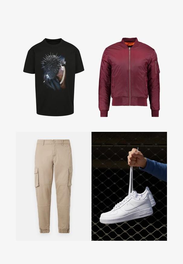 Jachetă bomber de culoare burgundă, realizată dintr-un material neted și ușor. Dispune de un fermoar frontal, manșete ribbrate și un buzunar pe mânecă, pe partea stângă.; Tricou negru cu o grafică a unei capete cu țepi, accentuată de o lanț. Mâneci scurte și croială clasică. Design îndrăzneț cu o textură lucioasă.; Pantaloni cargo bej dintr-un material din bumbac ușor. Au manșete elastice, mai multe buzunare laterale și închidere cu buton.; Adidași albaștri din piele cu perforații, vârf rotund, talpă plată și șireturi groase, cu un logo swoosh vizibil și cu inscripția "AIR" pe toc.