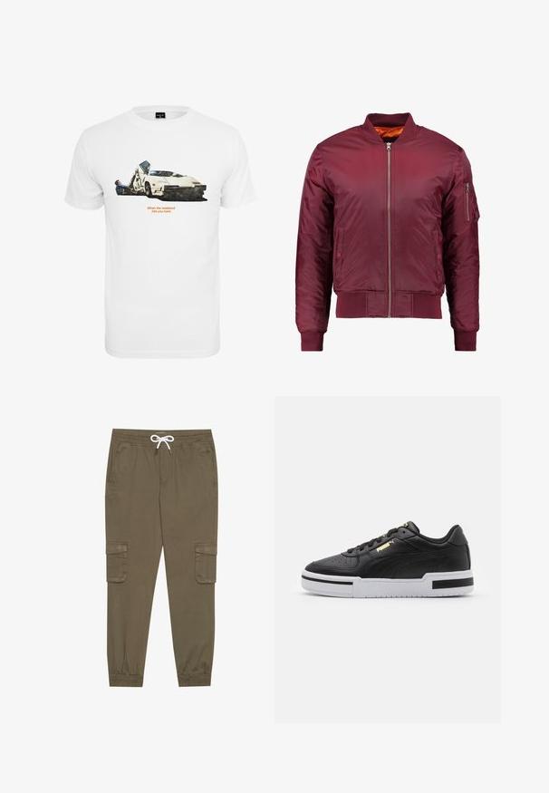 Bomber jacket maroon dibuat dari bahan halus dan ringan. Memiliki ritsleting depan, manset bergelombang, dan saku di lengan kiri.; Valkoinen puuvillatee-paita, jossa on autotulkinta, jossa on kaksi hahmoa, ja teksti "Kun viikonloppu iskee kovaa". Taustana on yksinkertainen tausta.; Khaki cargo-housut, joissa on joustava vyötärö ja kiristysnauha, sekä sivutaskut ja lahkeiden resorit. Valmistettu teksturoidusta, kevyestä materiaalista.; Musta nahkainen lenkkari, jossa on valkoinen välipohja, rei'itetty varvastoppa, kultainen logodetail, pehmustettu nilkkareuna ja mustat kontrastivärit sivuilla.