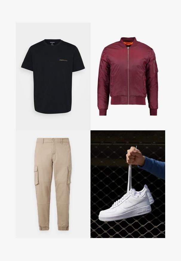 Bordový bomber kabát vyrobený z hladkého, ľahkého materiálu. Má predný zips, rebrované manžety a vrecko na ľavom rukáve.; Čierne bavlnené tričko s krátkymi rukávmi, s malým, zlatým vyšitým logom "Originals" na ľavej strane hrude. Klasický dizajn s okrúhlym výstrihom.; Béžové cargo nohavice vyrobené z ľahkej bavlny. Majú elastické manžety, viacero bočných vreciek a zapínanie na gombík.; Biele kožené tenisky s perforáciami, okrúhlou špičkou, plochou podrážkou a hrubými šnúrkami, pričom majú viditeľné logo swoosh a nápis "AIR" na päte.
