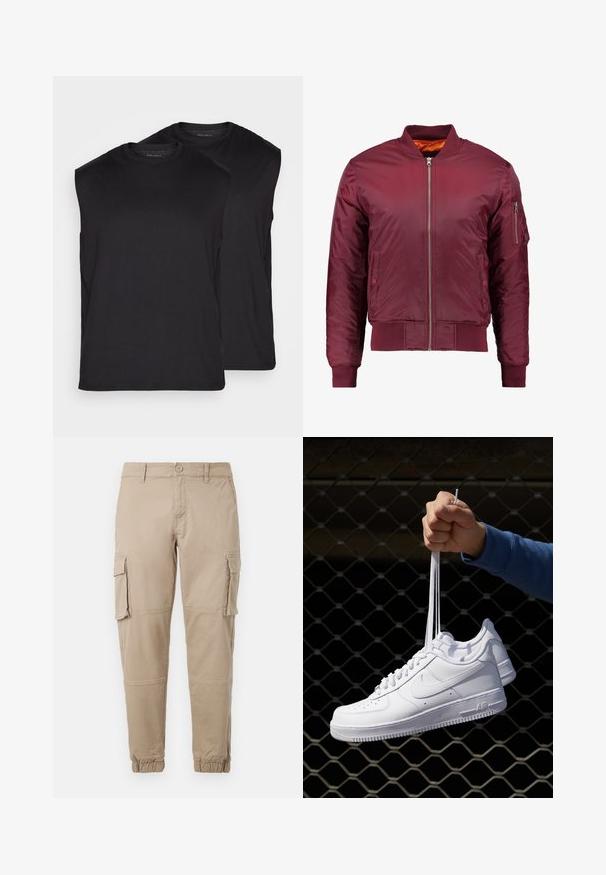 Maroon bomber jacket made of smooth, lightweight material. Features a front zipper, ribbed cuffs, and a pocket on the left sleeve.; Black sleeveless t-shirts displayed in pairs, made of smooth fabric. Rounded neckline and clean edges with no visible patterns or hardware.; Beige cargo pants in a lightweight cotton material. Features elastic cuffs, multiple side pockets, and a button closure.; White leather sneakers with perforations, round toe, flat sole, and thick laces, featuring a visible swoosh logo and "AIR" on the heel.