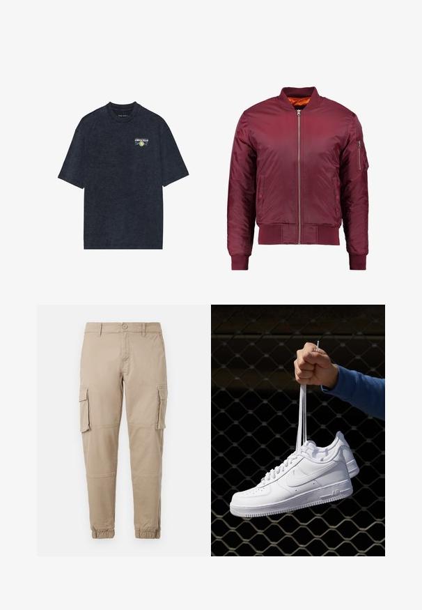 Burgundi värvi bomber-jakk, mis on valmistatud siledast ja kerge materjalist. Mööda esist osa on lukuga, varrukate otstes on soonikkoes ribad ning vasakul varrukal on tasku.; Tumed sinise värvusega lühikeste varrukatega T-särk pehmest puuvillast, mille rinnal on väike Limoncello graafika lilleliste aktsentidega. Mugav lõige, ümmargune kaelus.; Beežid cargo-püksid kergest puuvillaste materjalist. Omab elastseid varrukatükke, mitmeid külgpocket'ite ja nööbiga sulgemist.; Valged nahast tennisetossud, millel on perforatsioonid, ümar nina, lame tallus ja paksud nöörid, nähtava swooshi logoga ja "AIR" kontsadel.