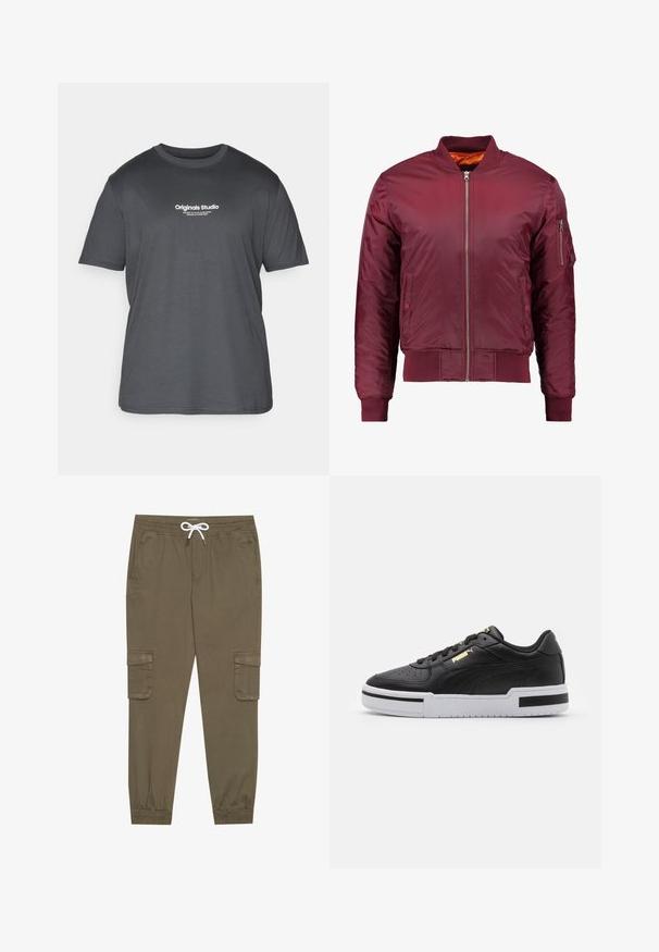 Burgundi värvi bomber-jakk, mis on valmistatud siledast ja kerge materjalist. Mööda esist osa on lukuga, varrukate otstes on soonikkoes ribad ning vasakul varrukal on tasku.; Jack & Jones JORVESTERBRO TEE CREW NECK - Trükipildiga T-särk - forest river; Khaki cargo püksid elastse vöökoha ja stringiga, külgtaskud ja voltidega pahkluude juures. Valmistatud tekstureeritud, kerget materjalist.; Must have nahkast jooksujalats valge vaheosaga, perforatsiooni kohal, kuldse logosilmbiga, pehmendusega kaelaosas ning kontrastsete mustade aktsentidega külgedel.