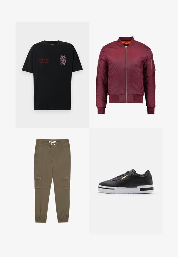 Bordo aviatora jakna, izgatavota no gludas, vieglas materiāla. Iezīmē priekšējo rāvējslēdzēju, ribotām aprocēm un kabatu kreisajā piedurknē.; Melns īsām piedurknēm izgatavots kokvilnas T-krekls ar drukātu logotipu un pilsētu nosaukumiem sarkanā krāsā priekšā, ar apaļu kakla izgriezumu un brīvu piegriezumu.; Kaki kravas bikses ar elastīgu jostu un auklu, ar sānu kabatām un piegrieztiem potīšu galiem. Izgatavotas no teksturēta, viegla materiāla.; Melnas ādas sporta kurpes ar baltu viduspaldu, perforētu purngalu, zelta logotipa detalizāciju, mīkstu apkaklīti un kontrastējošām melnām akcentēm sānos.