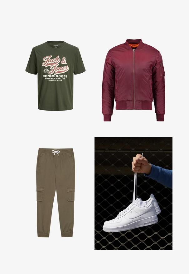 Jachetă bomber de culoare burgundă, realizată dintr-un material neted și ușor. Dispune de un fermoar frontal, manșete ribbrate și un buzunar pe mânecă, pe partea stângă.; Tricou verde din bumbac cu mâneci scurte, guler rotund, având inscripționată cu litere mari albe și roz textul "Jack & Jones Denim Goods" și logo-ul.; Pantaloni cargo kaki cu talie elastică și șnur, cu buzunare laterale și gleznă strânsă. Realizați dintr-un material texturat și ușor.; Adidași albaștri din piele cu perforații, vârf rotund, talpă plată și șireturi groase, cu un logo swoosh vizibil și cu inscripția "AIR" pe toc.