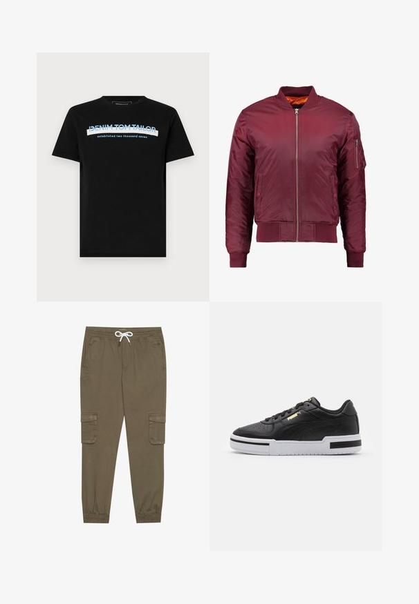 Mörkröd bomberjacka tillverkad av ett mjukt och lätt material. Har dragkedja fram, ribbade ärmslut och en ficka på vänster ärm.; Svart bomull T-shirt med rund halsringning, med blå och vit text: "DENIM TOM TAILOR etablerad tvåtusensju."; Khaki cargobyxor med elastisk midja och dragsko, som har sidofickor och avslutningar vid anklarna. Tillverkade av ett texturerat, lätt material.; Svart lädersneaker med vit mellansula, perforerad tå, detaljer med guldlogotyp, vadderad krage och kontrasterande svarta accenter på sidan.