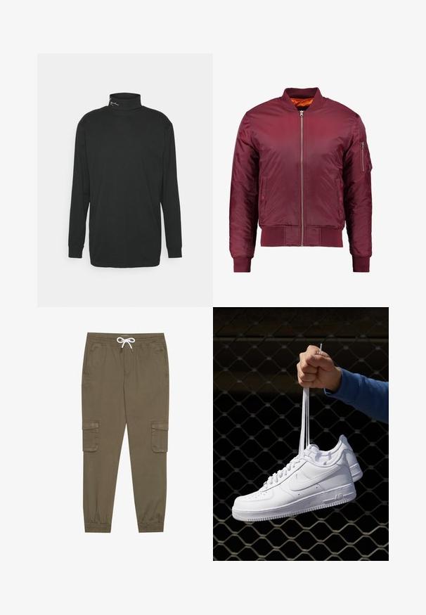 Maroon bomber jakna, izdelana iz gladkega in lahkega materiala. Ima sprednji zadrgo, rebraste manšete in žep na levem rokavu.; Črna dolgobojna turtleneck majica iz bombaža, z visokim ovratnikom in majhnim logotipom na predelu vratu. Gladka tekstura.; Khaki cargo hlače z elastičnim pasom in vrvico, z stranskimi žepi in manšetami na gležnjih. Narejene so iz teksturiranega, lahkega materiala.; Bela usnjena športna obutev s perforacijami, okroglo konico, ravnim podplatom in debelimi vezalkami, z vidnim logotipom smoosh in napisom "AIR" na peti.