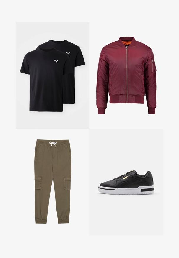 Bordo aviatora jakna, izgatavota no gludas, vieglas materiāla. Iezīmē priekšējo rāvējslēdzēju, ribotām aprocēm un kabatu kreisajā piedurknē.; Melni kokvilnas T-krekli divu iepakojumā. Ir apaļa kakla, īsas piedurknes un balta Puma logo augšējā kreisajā pusē.; Kaki kravas bikses ar elastīgu jostu un auklu, ar sānu kabatām un piegrieztiem potīšu galiem. Izgatavotas no teksturēta, viegla materiāla.; Melnas ādas sporta kurpes ar baltu viduspaldu, perforētu purngalu, zelta logotipa detalizāciju, mīkstu apkaklīti un kontrastējošām melnām akcentēm sānos.