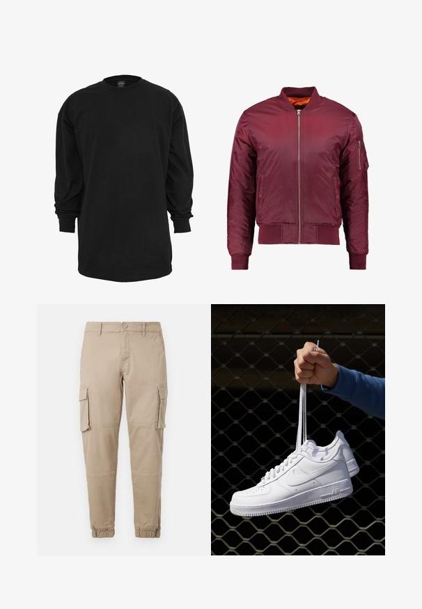 Bordový bomber kabát vyrobený z hladkého, ľahkého materiálu. Má predný zips, rebrované manžety a vrecko na ľavom rukáve.; Čierne tričko s dlhým rukávom vyrobené z bavlny. Má okrúhly výstrih a klasický strih. Hladká textúra bez viditeľných vzorov alebo akcentov.; Béžové cargo nohavice vyrobené z ľahkej bavlny. Majú elastické manžety, viacero bočných vreciek a zapínanie na gombík.; Biele kožené tenisky s perforáciami, okrúhlou špičkou, plochou podrážkou a hrubými šnúrkami, pričom majú viditeľné logo swoosh a nápis "AIR" na päte.