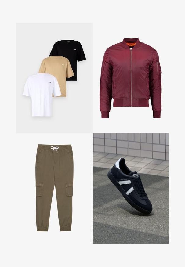 Maroon bomber jacket made of smooth, lightweight material. Features a front zipper, ribbed cuffs, and a pocket on the left sleeve.; Three short-sleeve T-shirts stacked: white, beige, and black. Each has a crew neck and a small logo on the left chest. Cotton material.; Khaki cargo pants with an elastic waistband and drawstring, featuring side pockets and cuffed ankles. Made from a textured, lightweight material.; Black leather sneaker with white stripes, textured rubber sole, and lace-up front. Features a branded label on the tongue.