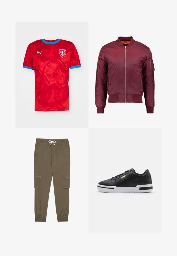 Bordo spalvos bomberis, pagamintas iš lygaus, lengvo medžiagos. Yra priekinis užtrauktukas, įtempiami rankogaliai ir kišenė kairiajame rankove.; Raudona futbolo marškiniai su mėlynomis detalėmis, turintys tekstūrinį grafikos raštą ir herbo su liūto emblemą. Pagaminti iš lengvos medžiagos.; Khaki krovinių kelnės su elastingu juosmeniu ir užtrauktuku, su šoninėmis kišenėmis ir sutrauktomis kulkšnėmis. Pagamintos iš tekstūruotos, lengvos medžiagos.; Juodai odiniai sportbačiai su balta tarpinėmis, perforuotu pirštu, auksiniu logotipu, paminkštintu apykakle ir kontrastingomis juodomis akcentais šone.