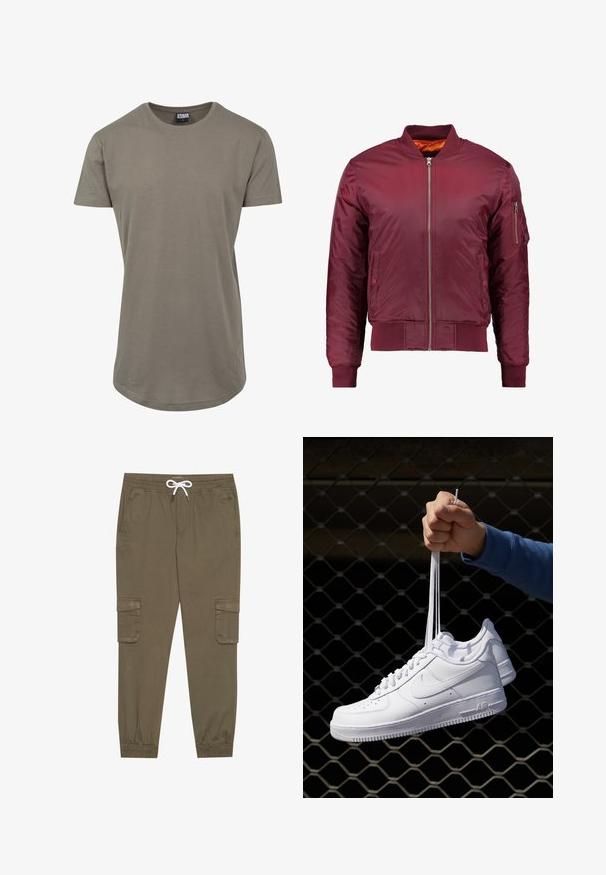 Chaqueta bomber de color burdeos, fabricada con material suave y ligero. Presenta un cierre frontal de cremallera, puños acanalados y un bolsillo en la manga izquierda.; Camiseta verde oliva fabricada en algodón suave, con un escote redondeado y mangas cortas, y un dobladillo curvado más largo para un ajuste relajado.; Pantalones cargo caqui con cintura elástica y cordón, que cuentan con bolsillos laterales y tobillos ajustados. Fabricados en un material ligero y texturizado.; Zapatillas de cuero blanco con perforaciones, punta redonda, suela plana y cordones gruesos, con un logo de swoosh visible y "AIR" en el talón.