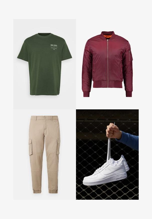 Jachetă bomber de culoare burgundă, realizată dintr-un material neted și ușor. Dispune de un fermoar frontal, manșete ribbrate și un buzunar pe mânecă, pe partea stângă.; Tricou din bumbac verde, cu guler rotund, mâneci scurte și text imprimat în alb în partea stângă sus. Textură netedă, croi lejer.; Pantaloni cargo bej dintr-un material din bumbac ușor. Au manșete elastice, mai multe buzunare laterale și închidere cu buton.; Adidași albaștri din piele cu perforații, vârf rotund, talpă plată și șireturi groase, cu un logo swoosh vizibil și cu inscripția "AIR" pe toc.