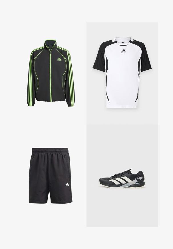 Crna sportska jakna s zelenim naglascima, koja ima visoki ovratnik, prednji zatvarač i tri vertikalne pruge na svakoj rukavu.; Adidas majica kratkih rukava u bijeloj boji s crnim naglascima. Ima okrugli izrez, okomitu teksturu i detalje sa strane za sportski kroj.; Crne atletske kratke hlače s elastičnom waistband-om, bočnim zip džepovima i bijelim logom na lijevoj nozi. Lagana, glatka tekstura.; Crne atletske cipele s bijelim prugama, mrežasta gornja strana, zaobljeni prst i podstavljeni đon. Imaju teksturiranu petu i siguran sustav vezivanja.
