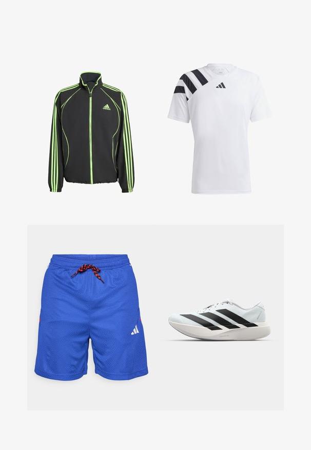 Casaco atlético preto com detalhes em verde, apresentando um colarinho alto, fecho frontal e três riscas verticais em cada manga.; Camiseta atlética leve e branca com riscas pretas no ombro esquerdo e um logótipo preto no peito. Mangas curtas, design de gola redonda.; Calções atléticos azuis com um padrão texturizado, cós elástico, cordão vermelho e preto, e um detalhe branco do logo na perna esquerda.; Tênis de corrida leves em azul pálido com riscas pretas. Apresentam um cabedal liso, bico redondo e uma entressola espessa branca rotulada como "LIGHTSTRIKE PRO."