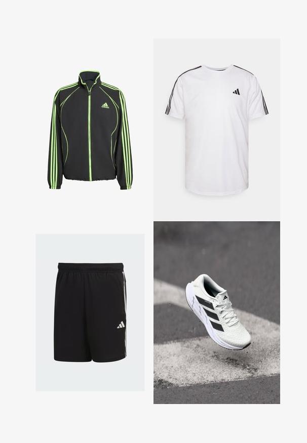 Černá sportovní bunda s zelenými akcenty, s vysokým límcem, předním zipem a třemi svislými pruhy na každém rukávu.; Bílý bavlněný tričko s kulatým výstřihem, krátkými rukávy a černými třemi pruhy na ramenou; má malé černé logo.; Černé sportovní šortky vyrobené z lehkého materiálu s elastickým pasem, s bílými pruhy a logem Adidas na boku.; Bílé sportovní boty s texturovanou síťovinou, černými pruhy, šněrováním a polstrovanou podrážkou, levitující nad vyznačeným povrchem silnice.