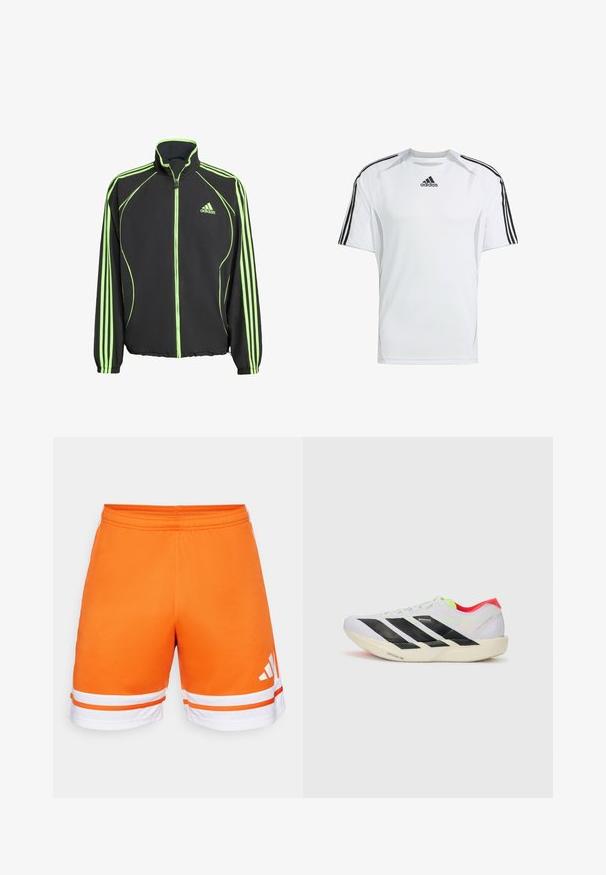 Svart sportjacka med gröna accenter, med hög krage, framdragkedja och tre vertikala ränder på varje ärm.; Vit kortärmad träningsskjorta med svarta Adidas tre-stripes detaljer på axlarna, tillverkad av smidigt, lättviktigt tyg.; Orange idrottsshorts med en mjuk textur, elastisk midja och vita ränder vid fållen. Tre stripe-logotyp i vitt på sidan.; Vit löparskor med svarta ränder, neongröna accenter och en röd häl. Har en lätt vikt och en strukturerad sula för grepp.