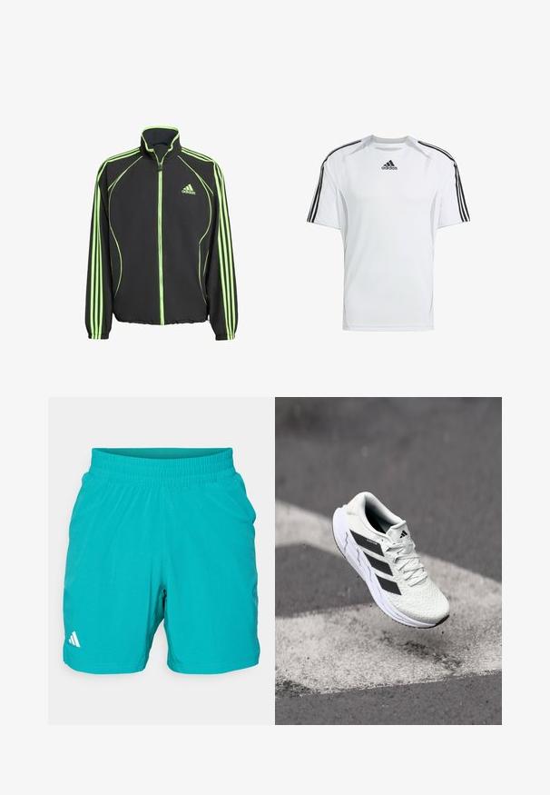 Mustmust musteljak, millel on rohelised aktsendid, kõrge kaelus, eesneilukk ja igal varrukal kolm vertikaalset triipu.; Valge lühikeste varrukatega spordipaita, millel on mustad Adidas kolm rada õlgadel, valmistatud siledast ja kergest kangast.; Teal värvi spordilühikesed püksid elastse vöökohtaga ja tekstuurse mustriga. Alumises vasakus nurgas on valge logo.; Valge spordijalats tekstuurse võrgu pealmise osaga, mustade triipudega, nööriga kinnitamine ja pehmendatud tallaga, levib märgitud teepinna kohal.