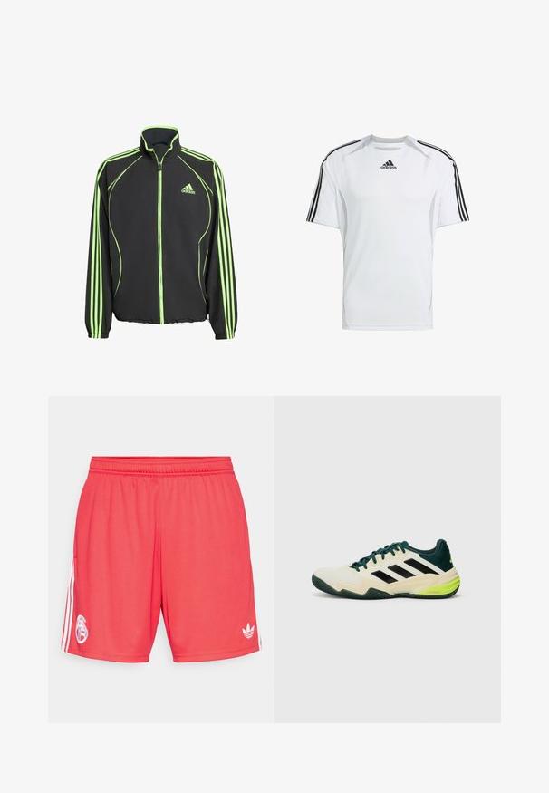 Svart treningsjakke med grønne detaljer, med høy krage, frontglidelås og tre vertikale striper på hver arm.; Hvit kortermet treningsskjorte med svarte Adidas tre-stripes detaljer på skuldrene, laget av glat og lett stoff.; Røde atletiske shorts laget av lett stoff, med en hvit logo på venstre ben og tre hvite striper langs sidene.; Tennissko med kremfarget overdel, svarte striper, grønne detaljer og en teksturert gummisåle for godt grep. Konstruert av syntetiske materialer.