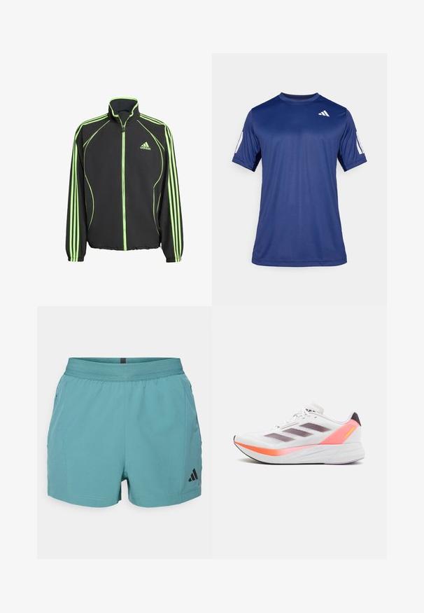 Sort atletisk jakke med grønne detaljer, der har en høj krave, frontlynlås og tre lodrette striber på hver ærme.; Marineblå kortærmet træningsskjorte lavet af glat stof, med rund hals og en hvid logo detalje på øverste venstre bryst.; Teal atletisk shorts med en tekstureret talje, sidelommer og sort Adidas-logo nederst til højre. Letvægtsstof.; adidas Performance DURAMO SPEED - Løbesko til landevejen - footwear white/aurora metallic/solar red