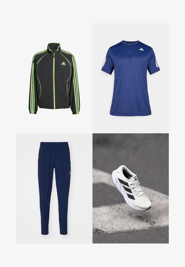 Čierna atletická bunda s zelenými akcentmi, s vysokým golierom, predným zipsom a tromi vertikálnymi pruhmi na každom rukáve.; Námornícky modrá športová košeľa s krátkym rukávom vyrobená z hladkej tkaniny, s okrúhlym výstrihom a bielym logom umiestneným na hornej ľavej strane hrude.; Námorné športové nohavice s elastickým pásom, zúženým strihom a bočnými zipsovými vreckami. Majú jemné čierne akcenty a hladkú textúru.; Biele športové tenisky s textúrovaným sieťovaným zvrškom, čiernymi pruhmi, šnurovaním a polstrovanou podrážkou, levitujúce nad označeným povrchom cesty.