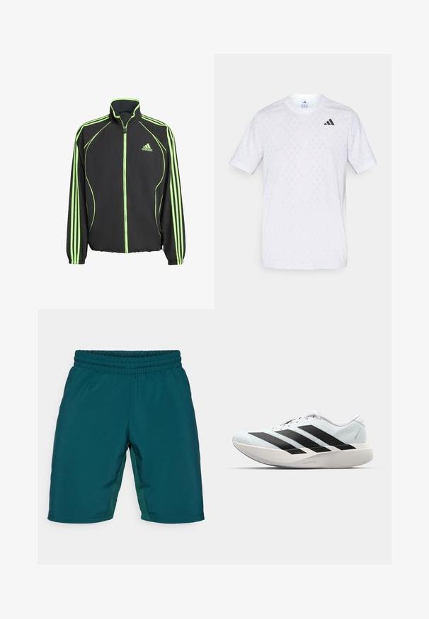 Črna športna jakna z zelenimi detajli, z visokim ovratnikom, sprednjim zadrgo in tremi navpičnimi črtami na vsaki rokavu.; Bela majica s kratkimi rokavi z diskretnim diamond vzorcem, izdelana iz lahkotnega blaga, z črnim adidas logotipom na prsih.; Turkizne športne hlače s elastiko, stranskimi paneli in gladkim, lahkim materialom. Brez žepov ali vidnih detajlov.; Lahki tekaški čevlji v svetlo modri barvi z belimi črtami. Imajo gladek zgornji del, okroglo kapico in debel bel srednji podplat z označbo "LIGHTSTRIKE PRO."