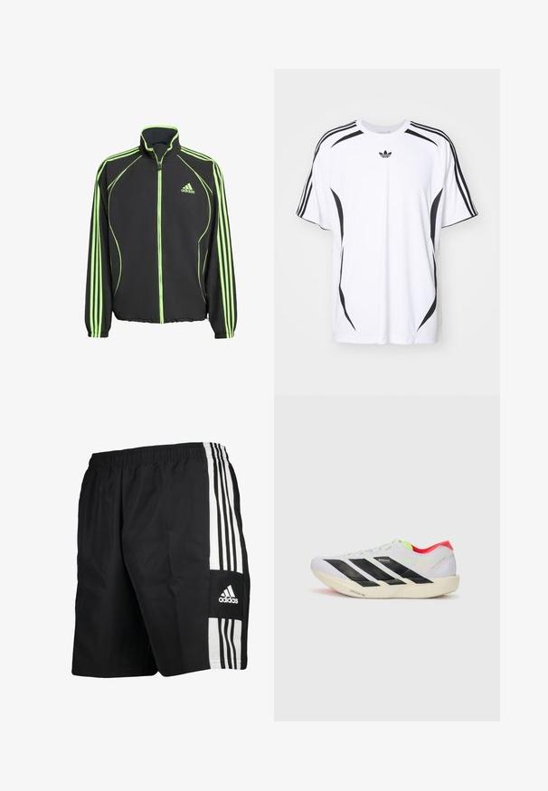 Schwarze Sportjacke mit grünen Akzenten, die einen hohen Kragen, einen Frontreißverschluss und drei vertikale Streifen an jedem Ärmel besitzt.; Weißes Kurzarm-T-Shirt mit schwarzen seitlichen Akzenten und drei schwarzen Streifen auf den Schultern. Enthält ein kleines schwarzes Logo auf der Brust.; Schwarze Sportshorts mit elastischem Bund, versehen mit drei weißen vertikalen Streifen an der Seite und dem Adidas-Logo am Unterschenkel.; Weißer Sportschuh mit schwarzen Streifen, neongrünen Akzenten und einer roten Ferse. Hat ein leichtes Design und eine strukturierte Sohle für besseren Grip.