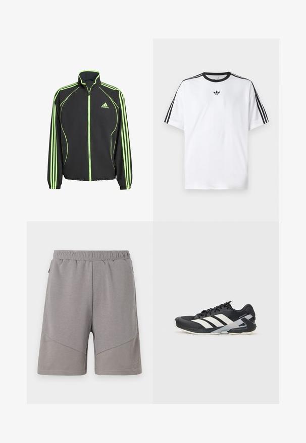 Fekete sportdzseki zöld kiegészítőkkel, magas gallérral, elülső cipzárral, és mindkét ujján három függőleges csíkkal.; Fehér pamut póló, fekete kerek nyakkal, mindkét vállán három fekete csíkkal. Kis fekete logó a mellkason.; Szürke sportnadrág elasztikus derékkal, texturált alsó résszel és sima felső résszel.; Fekete sportcipő fehér csíkokkal, hálós felsőrész, kerek orr és párnázott talp. Texturált sarokkal és biztonságos fűzőrendszerrel rendelkezik.