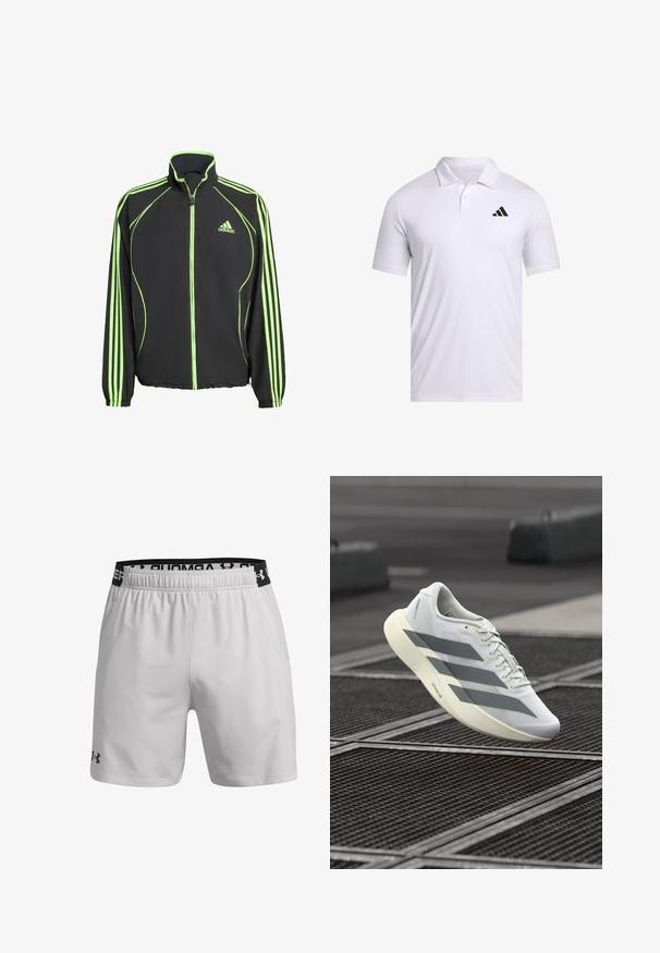 Crna sportska jakna s zelenim naglascima, koja ima visoki ovratnik, prednji zatvarač i tri vertikalne pruge na svakoj rukavu.; Bijela polo majica od prozračnog materijala s kragnom, kratkim rukavima i crnim Adidas logom na lijevoj strani prsnog koša.; Svijetlosivi atletski šortsevi od prozračnog materijala. Imaju elastičnu traku u struku s crnim logotipom i bočne džepove.; Bijela sportska cipela s teksturiranim mrežastim gornjim dijelom, s sivim prugama i jastučićastim potplatom. Lagan dizajn pogodan za trčanje.