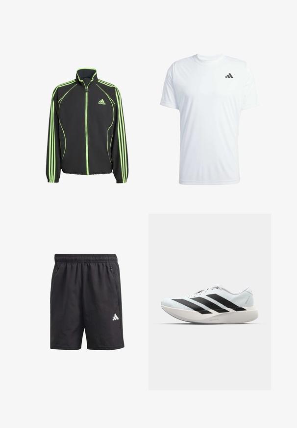 Svart treningsjakke med grønne detaljer, med høy krage, frontglidelås og tre vertikale striper på hver arm.; Hvit kortermet treningst-skjorte laget av lett stoff med en svart Adidas-logo på øvre venstre bryst.; Svarte idrettsshorts med elastisk midjebånd, sidelommer med glidelås og en hvit logo på venstre ben. Lett og glatt tekstur.; Lette løpesko i lys blå med svarte striper. Har en myk overdel, rund tå og tykk hvit mellomsole merket "LIGHTSTRIKE PRO."