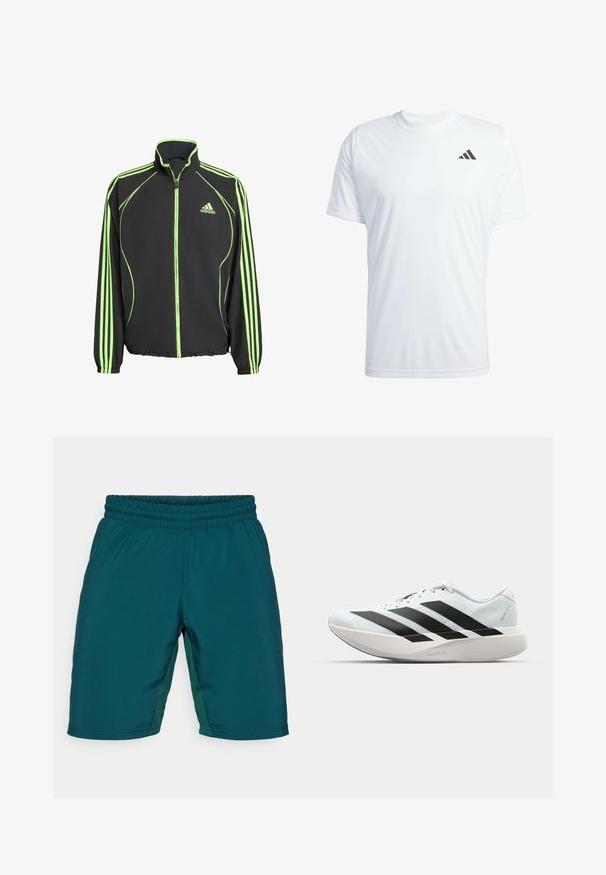 Crna sportska jakna s zelenim naglascima, koja ima visoki ovratnik, prednji zatvarač i tri vertikalne pruge na svakoj rukavu.; Bijela kratkodlaka atletska majica od laganog materijala s crnim Adidas logotipom na gornjem lijevom dijelu prsiju.; Tirkizne atletske hlačice s elastičnom gumom u struku, bočnim panelima i glatkim, laganim materijalom. Bez džepova ili vidljivih detalja.; Lagane tenisice za trčanje u svijetloplavoj boji s crnim trakama. Imaju glatku gornju površinu, okrugli vrh i debeli bijeli srednji sloj označen "LIGHTSTRIKE PRO."