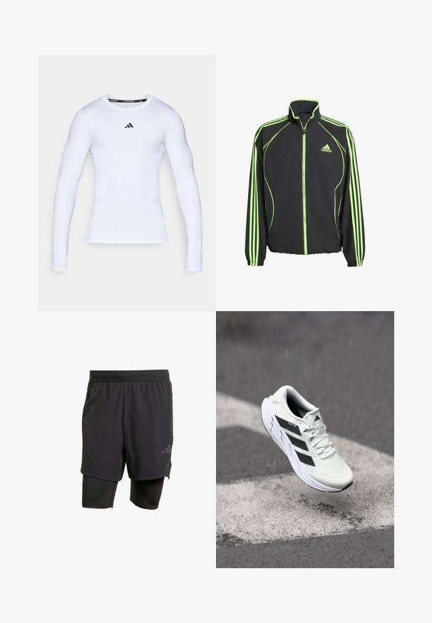 Jachetă sport neagră cu accente verzi, cu guler înalt, fermoar frontal și trei dungi verticale pe fiecare mânecă.; Cămașă sport albă cu mânecă lungă, din material elastic, având un decolteu rotund și un logo Adidas negru pe piept.; Shorts atletici negri cu strat interior integrat, realizați dintr-un material respirabil. Au un logo subtil și o textură structurată. Talie reglabilă.; Adidași albi cu partea superioară din plasă texturată, dungi negre, închidere cu șireturi și talpă căptușită, levitând deasupra unei suprafețe de drum marcate.