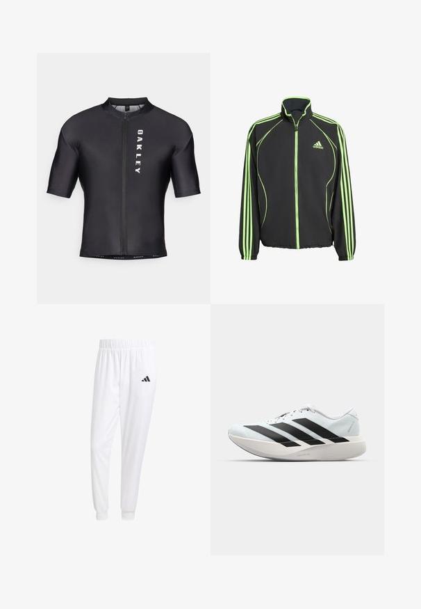 Crna sportska jakna s zelenim naglascima, koja ima visoki ovratnik, prednji zatvarač i tri vertikalne pruge na svakoj rukavu.; Polo majica za biciklizam s kratkim rukavima izrađena od crne, glatke tkanine. Ima prednji zip i natpis „OAKLEY“ u bijeloj boji na lijevoj strani.; Bijele atletske hlače od glatkog materijala, sa elastičnom vrpcom u struku i pripijenim manžetama, sa crnim logom na stražnjem džepu.; Lagane tenisice za trčanje u svijetloplavoj boji s crnim trakama. Imaju glatku gornju površinu, okrugli vrh i debeli bijeli srednji sloj označen "LIGHTSTRIKE PRO."