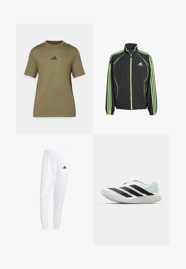 Jachetă sport neagră cu accente verzi, cu guler înalt, fermoar frontal și trei dungi verticale pe fiecare mânecă.; Tricou scurt cu mânecă, de culoare verde măsliniu, realizat din material moale, având un logo Adidas negru pe piept și accente negre pe laterale.; Pantaloni sport albi dintr-un material neted, cu un brâu elastic și mansete ajustate, având un logo negru pe buzunarul din spate.; Pantofi de alergare ușori în albastru deschis cu dungi negre. Au un superior neted, vârf rotund și o intermediară groasă albă etichetată "LIGHTSTRIKE PRO."