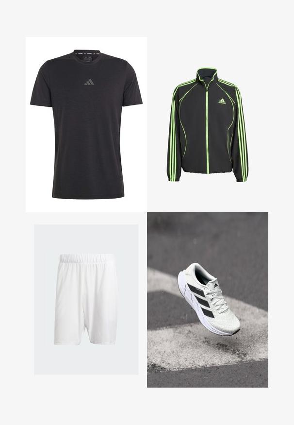 Črna športna jakna z zelenimi detajli, z visokim ovratnikom, sprednjim zadrgo in tremi navpičnimi črtami na vsaki rokavu.; Črna kratka trenirka s kratkimi rokavi, izdelana iz lahkega materiala, z okroglo ovratnikom in diskretnim embosiranim logotipom na prsih.; Beli atletski kratki hlače iz lahkega materiala, z elastičnim pasom, gladko teksturo in dolžino do kolen.; Bela atletska čevlja z teksturiranim mrežastim zgornjim delom, črnimi črtami, zavezovanjem na vezalke in oblazinjenim podplatom, lebdi nad označeno cesto.