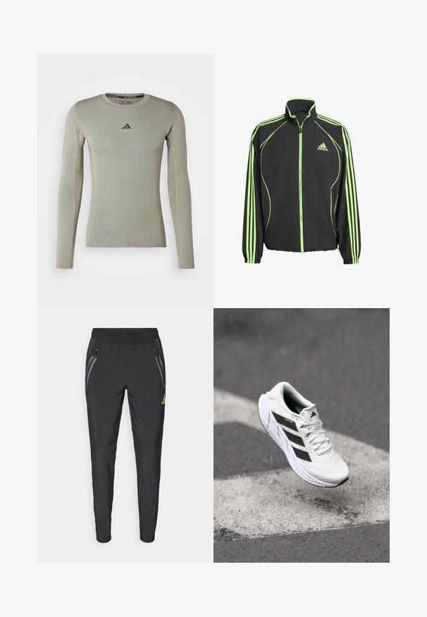 Fekete sportdzseki zöld kiegészítőkkel, magas gallérral, elülső cipzárral, és mindkét ujján három függőleges csíkkal.; Hosszú ujjú sportpóló világoszöld anyagból. Kerek nyakkivágással, testhezálló fazonnal és kis fekete logóval a mellrészen.; adidas Performance REAL MADRID TIRO25 PRO VIS TECH TRAVEL PANT - Klubruházat - black/lucid lemon; Fehér sportcipő texturált hálós felsőrésszel, fekete csíkokkal, fűzős záródással és párnázott talppal, egy megjelölt útfelület felett lebeg.