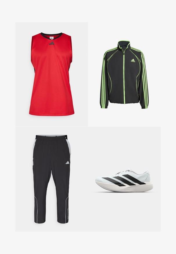 Svart treningsjakke med grønne detaljer, med høy krage, frontglidelås og tre vertikale striper på hver arm.; Rød ermeløs sportstopp med svarte detaljer. Laget av glatt stoff, med V-hals og Adidas-logo i mørkegrått på brystet.; Svarte treningsbukser med elastisk midjebånd, grå sidedele, hvite reflekterende detaljer og "Climacool"-tekst langs leggens nedre del.; Lette løpesko i lys blå med svarte striper. Har en myk overdel, rund tå og tykk hvit mellomsole merket "LIGHTSTRIKE PRO."