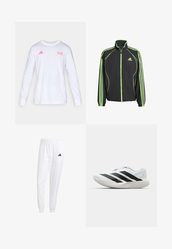 Casaco atlético preto com detalhes em verde, apresentando um colarinho alto, fecho frontal e três riscas verticais em cada manga.; Camisa de manga longa branca com decote redondo, com o logótipo rosa da Adidas e o texto do Maratona de Berlim da BMW no peito.; Calças esportivas brancas feitas de tecido suave, com uma cintura elástica e punhos ajustados, apresentando um logo preto no bolso de trás.; Tênis de corrida leves em azul pálido com riscas pretas. Apresentam um cabedal liso, bico redondo e uma entressola espessa branca rotulada como "LIGHTSTRIKE PRO."