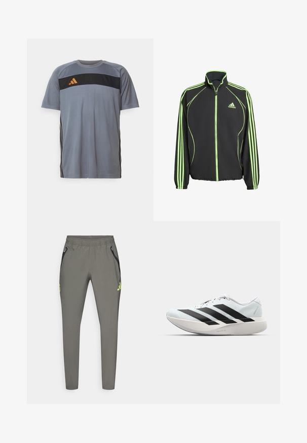 Fekete sportdzseki zöld kiegészítőkkel, magas gallérral, elülső cipzárral, és mindkét ujján három függőleges csíkkal.; Szürke, rövid ujjú sportpóló, fekete vízszintes panellel és narancssárga logóval. Fekete csíkok futnak le az oldalakon.; adidas Performance REAL MADRID C VISTECH P - Klubruházat - utility grey/semi frozen yellow; Világoskék, fekete csíkos könnyű futószerek. Simább felső résszel, kerek orral és vastag fehér középtalppal, amelyen a "LIGHTSTRIKE PRO" felirat olvasható.