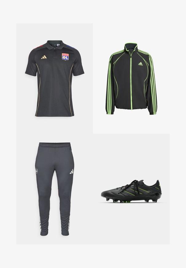 Casaco atlético preto com detalhes em verde, apresentando um colarinho alto, fecho frontal e três riscas verticais em cada manga.; Camisa polo preta feita de tecido texturizado, com colarinho, detalhes em dourado e riscas coloridas em vermelho e azul nos ombros. Inclui um logótipo.; Calças de treino cinzentas com um corte ajustado, apresentando um cós elástico, logo da Adidas em branco e três riscas brancas nas laterais.; adidas Performance COPA PURE III ELITE FIRM GROUND FOOTBALL BOOTS - Botas de futebol com pitões - core black/dgh solid grey/lucid lemon