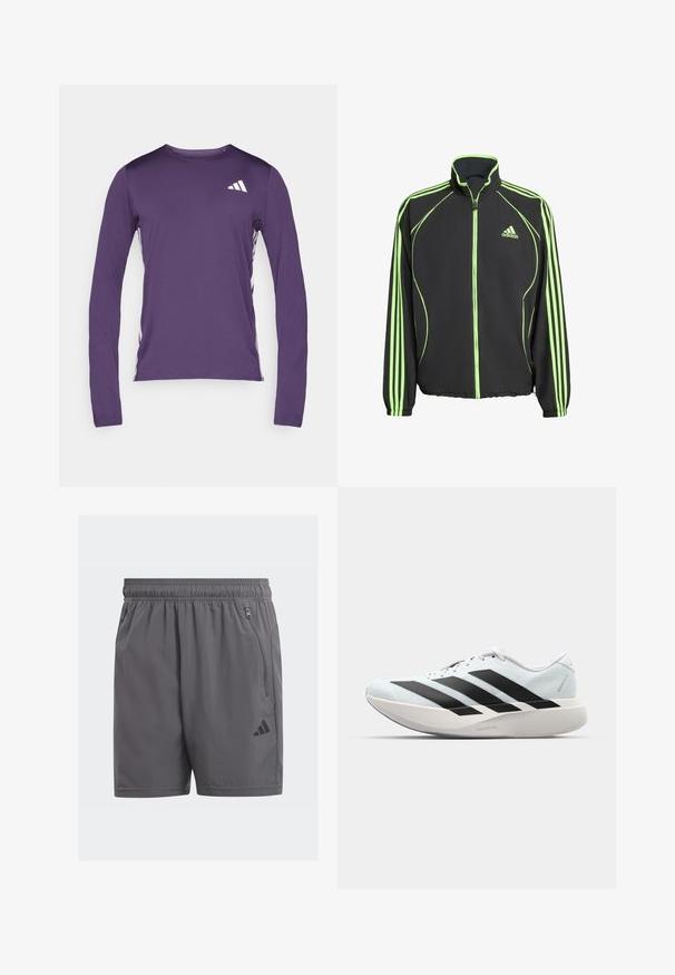 Svart treningsjakke med grønne detaljer, med høy krage, frontglidelås og tre vertikale striper på hver arm.; Langermet treningsskjorte i lilla med rund hals, strukturert stoff og hvite logoer på øvre venstre bryst og sider.; Grå treningsshorts med elastisk midjebånd, sidelommer med glidelås, og en svart logoakkent. Lett, glatt tekstur og knelange.; Lette løpesko i lys blå med svarte striper. Har en myk overdel, rund tå og tykk hvit mellomsole merket "LIGHTSTRIKE PRO."