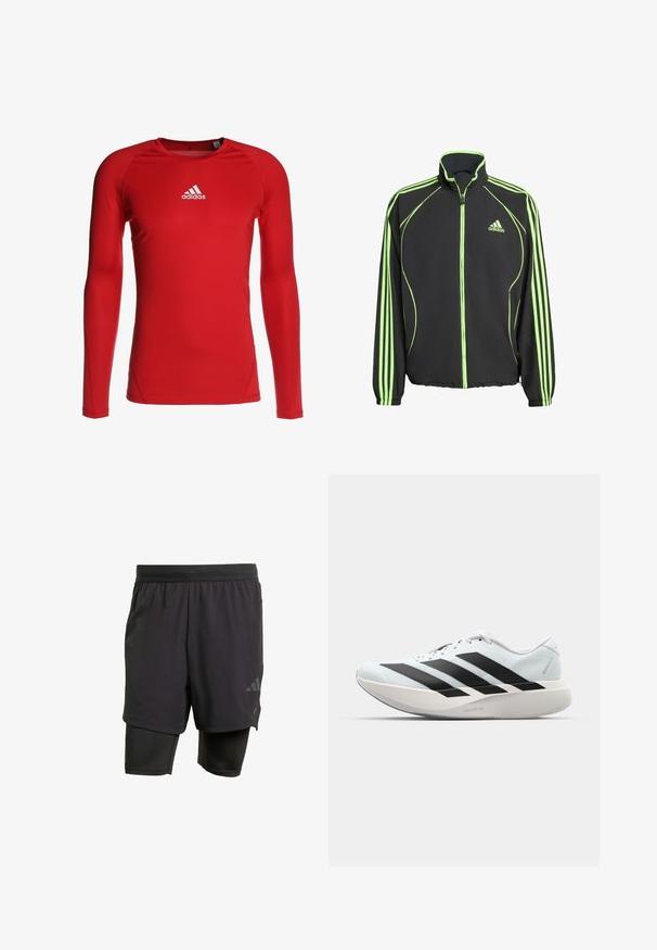 Melna sporta jaka ar zaļiem akcentiem, ar augstu apkakli, priekšējo rāvējslēdzi un trim vertikālām svītrām katrā piedurknē.; Sarkanais garās piedurknes sportiskais tops izgatavots no stiept auduma ar noapaļotu kakla izgriezumu. Uzkrāsojums ar baltu Adidas logotipu uz krūts un plakaniem šuvēm.; Melni sporta šorti ar iebūvētu iekšējo slāni, izgatavoti no elpojoša auduma. Iekļautas diskrētas logotipa detalizācijas un strukturēta tekstūra. Regulējama jostasvieta.; Gaiši zili vieglie skriešanas apavi ar melniem svītrainiem. Iezīmēti ar gludu augšpusi, apaļu purngalu un biezāko balto vidējo zoli, kurā ir uzraksts "LIGHTSTRIKE PRO."