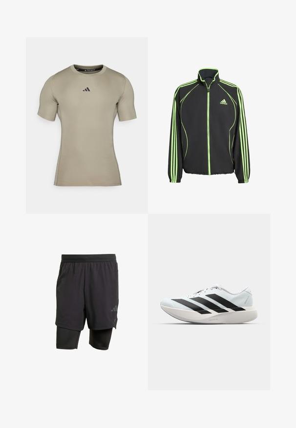 Μαύρο αθλητικό μπουφάν με πράσινες λεπτομέρειες, που έχει υψηλό γιακά, εμπρός φερμουάρ και τρεις κατακόρυφες ρίγες σε κάθε μανίκι.; Κοντομάνικη αθλητική μπλούζα σε ανοιχτό μπεζ, φτιαγμένη από λείο, ελαστικό υλικό. Διαθέτει μαύρο λογότυπο στο στήθος και στρογγυλή λαιμόκοψη.; Μαύρες αθλητικές βερμούδες με ενσωματωμένο εσωτερικό στρώμα, φτιαγμένες από αναπνεύσιμο ύφασμα. Διαθέτουν διακριτικό λογότυπο και δομημένη υφή. Ρυθμιζόμενη ζώνη στη μέση.; Ελαφριά αθλητικά παπούτσια τρεξίματος σε ανοιχτό μπλε με μαύρες ρίγες. Διαθέτουν λείο άνω μέρος, στρογγυλή μύτη και παχύ λευκό ενδιάμεσο πέλμα που φέρει την ετικέτα "LIGHTSTRIKE PRO."