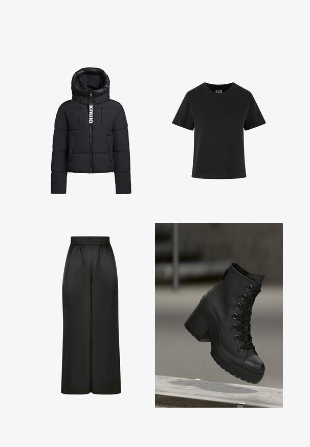 Black puffer jacket with a high collar and hood. Features a front zipper, drawstring accents, and two front pockets. Quilted design.; Black cotton t-shirt with short sleeves, a round neck, and a relaxed fit. Smooth texture and no visible patterns or embellishments.; Black wide-leg pants made of smooth, shiny fabric with an elastic waistband and no visible pockets or hardware details.; Black high-top platform boots with a textured leather finish, front lacing, and chunky heel. Features a rubber sole with distinct tread patterns.