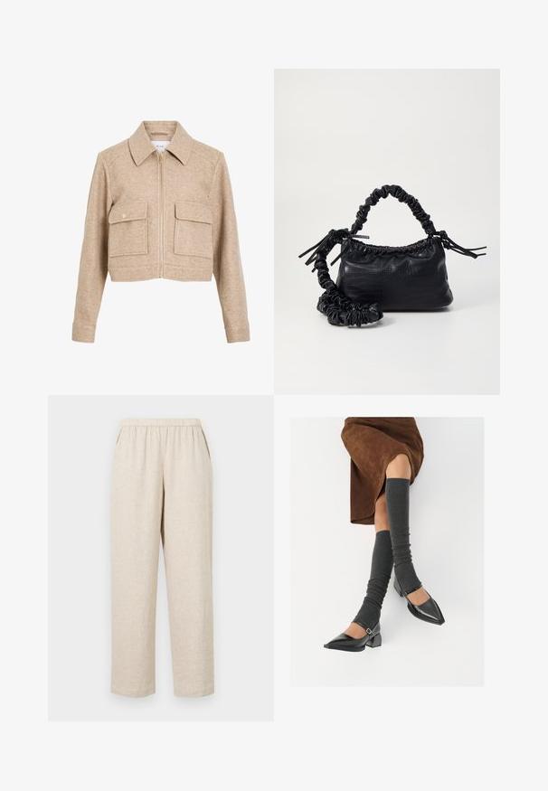 Bežs apgrieztais džempers, izgatavots no mīkstas auduma ar rāvējslēdzēju priekšpusē, ar norādītu apkakli, divām priekšējām kabatām un zeltainiem pogām.; Zaļi un balti svītrainā īsām piedurknēm T-krekls ar noapaļotu kakla izgriezumu, izgatavots no mīksta kokvilnas auduma. Iekļauj vienkāršas horizontālas svītras.; Bežīgas lina bikses ar elastīgu jostu, kurām ir sānu kabatas, taisnas kājas un teksturēta auduma apdare.; Melnas laka ādas apavi ar norādītu purngalu, blokveida papēdi un potīšu jostu, saskaņoti ar pelēkām ribotām kāju sildītājām un brūnu zamšādas svārku.; Melnā mākslīgās ādas rokassoma ar krokodila rakstu, savilkta augšdaļa un saburzīta siksna. Izskatās mīksta un kompakta pēc dizaina.